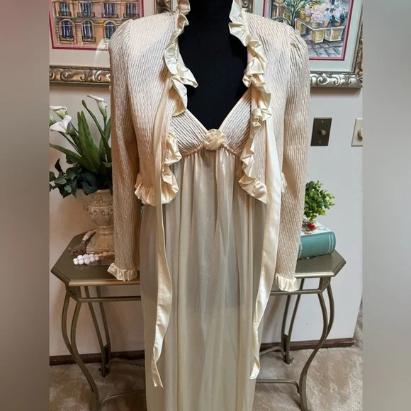 Vintage Gilligan & O'Malley Cream Maxi Lace Slip Dress & Crop Top Set Sz S - Picture 2 of 15